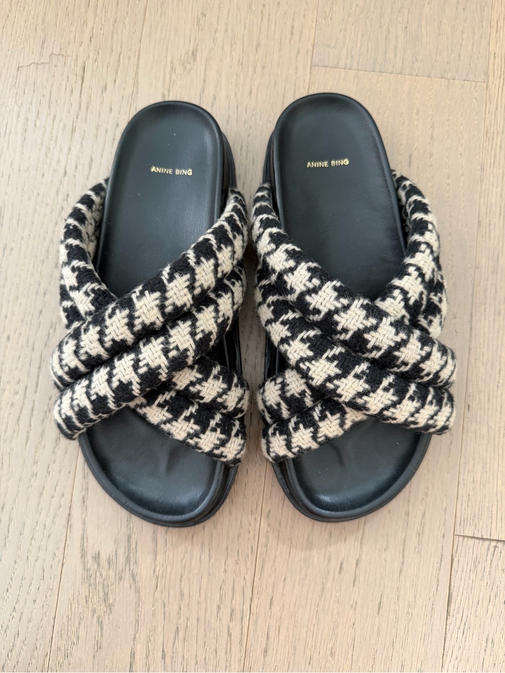 Anine Bing Lizzie Black & Cream Houndstooth Slide Sandals